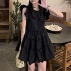 Cap-sleeve Plain Tiered Mini Dress
