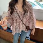 Floral V-neck Long-sleeve Blouse / Belt