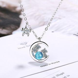 Bead Rhinestone Moon & Star Pendant Necklace 1 Pc - Silver & Light Blue - One Size