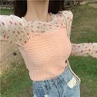 Floral See-through Long-sleeve Top / Frilled Camisole Top