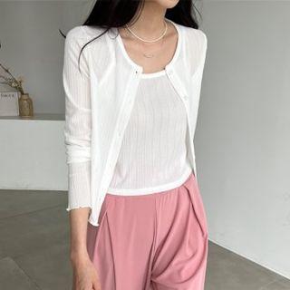 Set: Lettuce-edge Cardigan + Cropped Camisole Top