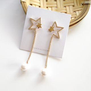 Rhinestone Star Faux Pearl Dangle Earring 1 Pair - S925 Silver - Star Stud Earrings - One Size