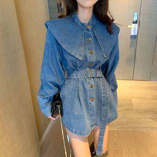 Sailor-collar Denim Shirtdress With Belt Blue - One Size