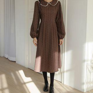 Laced-collar Napped Midi Floral Dress