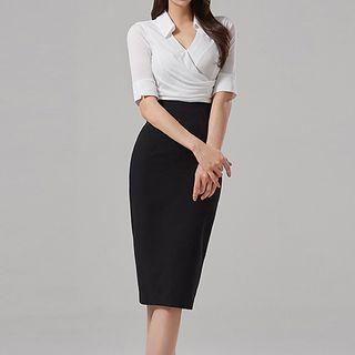Mock Two-piece Short-sleeve Collar Sheath Dress