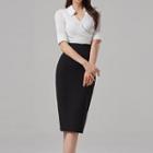Mock Two-piece Short-sleeve Collar Sheath Dress