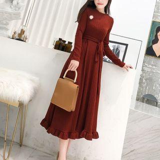 Long-sleeve Frill-trim Midi A-line Knit Dress