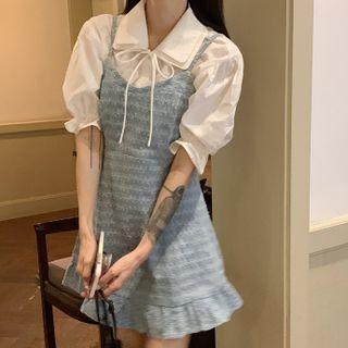 Set : Puff-sleeve Shirt + Suspender Dress