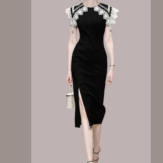 Short-sleeve Lace Trim Side-slit Sheath Dress