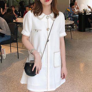 Faux-pearl Button Short-sleeve Tweed Dress
