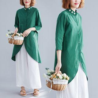 Set: Flower Embroidered Dipback 3/4-sleeve Blouse + Cropped Wide-leg Pants