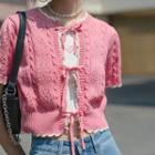 Plain Short Sleeve Knitted Crop Top Pink - One Size