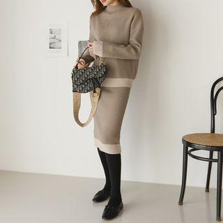 Set: Mock-neck Sweater + Contrast-hem Midi Skirt