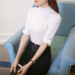 Mock Neck Elbow-sleeve Knit Top