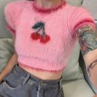 Short-sleeve Cherry Embroidered Fluffy Crop Top