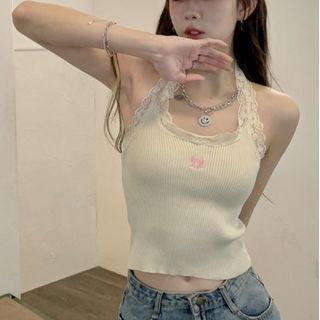 Halter Lace Trim Knit Top Light Almond - One Size