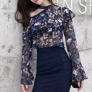 Floral Print Cut-out Chiffon Blouse / Mermaid Pencil Skirt