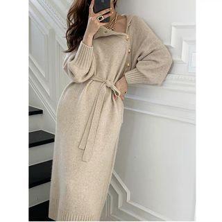 Long-sleeve Turtleneck Button-up Knit Midi Dress