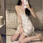 Spaghetti Strap Lace Trim Mini Dress White - One Size