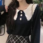 Long-sleeve Peter Pan Collar Embroidered Trim Contrast Knit Top