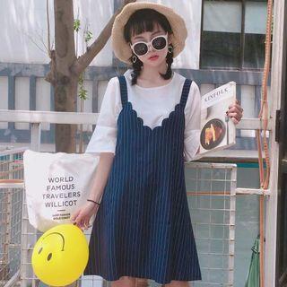Set: Elbow-sleeve T-shirt + Striped Mini A-line Pinafore Dress