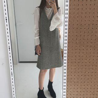 Frill Collar Blouse / Houndstooth Pinafore Dress