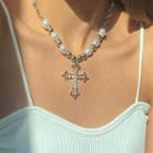 Cross-pendant Bead Necklace Silver - One Size