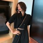 Collared Short-sleeve Button Cropped T-shirt / Wide-leg Pants / Cardigan