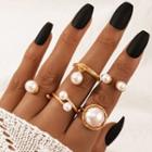 Set Of 5 : Faux Pearl Alloy Open Ring (assorted Designs) 18486 - White - One Size