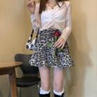 Long Sleeve V-neck Lace Top / Leopard Mini A-line Skirt