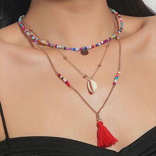 Tassel Shell Pendant Layered Choker Necklace 01 - Gold - One Size