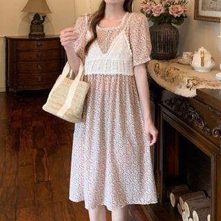 Set: Short-sleeve Floral Print Midi A-line Dress + Crochet Lace Camisole Top