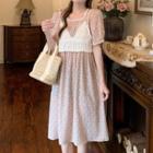 Set: Short-sleeve Floral Print Midi A-line Dress + Crochet Lace Camisole Top
