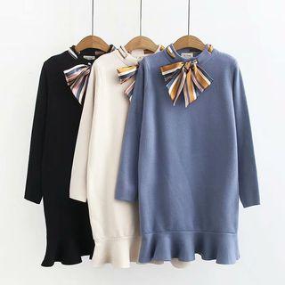 Long-sleeve Tie-neck Ruffled Knit Dress
