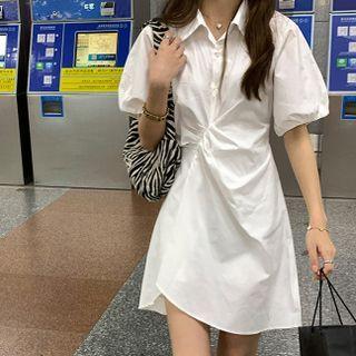 Puff-sleeve Open Placket Mini Shirtdress