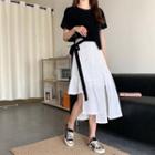 Set: Short Sleeve Lace-up Cropped Top + Asymmetric Hem A-line Skirt