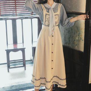 Set: Puff-sleeve Blouse + Strappy Overall Dress