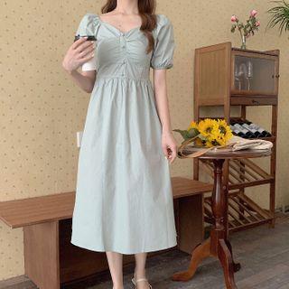 Puff Sleeve Square Neck Midi A-line Dress