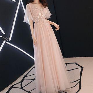 Short-sleeve Flower Embroidered Sheath Evening Gown / Cocktail Dress