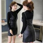 Set: Long-sleeve Top + Spaghetti Strap Faux Leather Mini A-line Dress