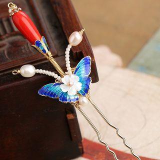Butterfly Flower Faux Pearl Hair Stick 1 Piece - Hair Stick - Red & White & Blue - One Size