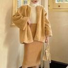 Turtleneck Knit Top / Velvet Top / Faux Fur Jacket / Rib Knit Skirt