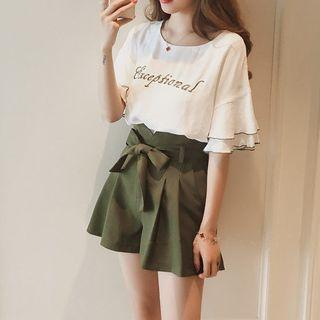 Set: Short-sleeve Lettering T-shirt + High-waist Shorts