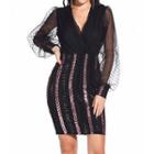 V-neck Mesh Panel Sequined Mini Bodycon Dress