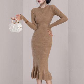 Long-sleeve Knit Midi Mermaid Dress Camel - One Size