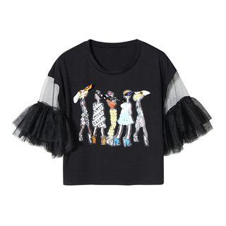 Sequined Mesh Elbow-sleeve T-shirt
