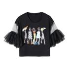 Sequined Mesh Elbow-sleeve T-shirt