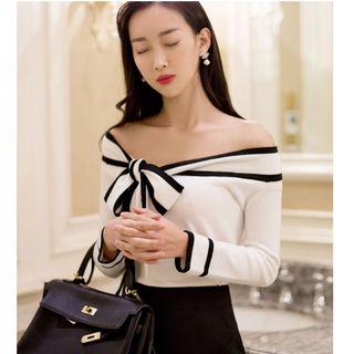 Bow Accent Off Shoulder Long Sleeve Knit Top