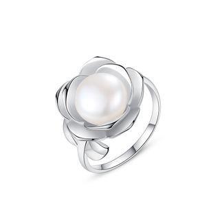 925 Sterling Silver Fashion Elegant Flower White Freshwater Pearl Adjustable Open Ring Silver - One Size