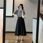 Puff-sleeve Checked Top / Suspender A-line Midi Skirt